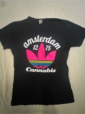 Logo Star Amsterdam Cannabis Graphic T-Shirt Black Pink Neon Womens Small